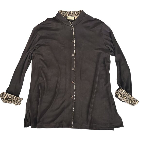 Chico's Sweaters - Chico’s Travelers Tunic Top Sz 3 Black Leopard Trim Long Sleeve Button Front XL